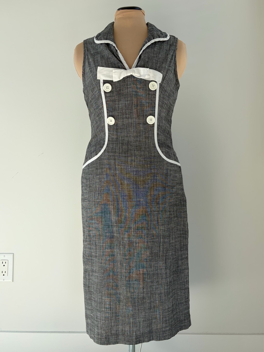 Folter Gray Sheath Dress White Trim Bow Retro Mod | Size L